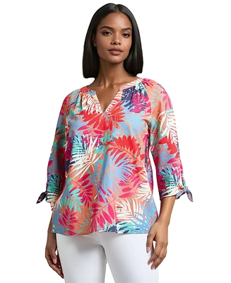 Jones New York Petite Printed Linen-Blend Blouse