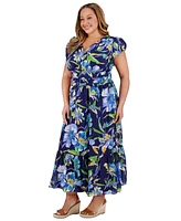 London Times Plus Printed Smocked-Waist Bubble-Sleeve Maxi Dress