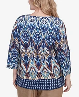 Alfred Dunner Plus Summer Solstice Ikat Diamond Border Square Neck Top