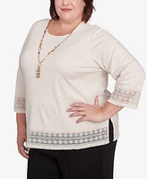 Alfred Dunner Plus Summer Solstice Lace Trimmed Knit Top with Necklace
