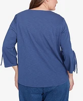 Alfred Dunner Plus Summer Solstice Embroidery Centered Tie Sleeve Top