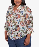 Alfred Dunner Plus Summer Solstice Batik Floral Button Front Top