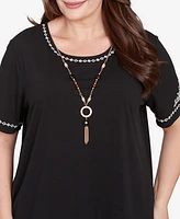 Alfred Dunner Plus Natural Instinct Embroidered Border T-Shirt with Necklace