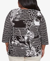 Alfred Dunner Plus Natural Instinct Monotone Patch Beaded Split Neck Top