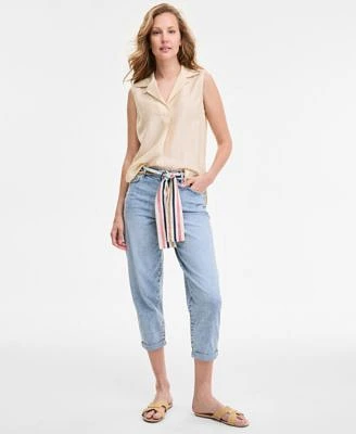Nautica Jeans Womens Dobby Sleeveless Popover Top Belted Cropped Straight Leg Denim Jeans