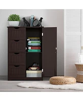 Gymax Bathroom Floor Cabinet Storage Organizer Cupboard w/ 4 Drawers Adjustable Shelf Brown