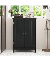 Gymax Bathroom Floor Storage Cabinet Double Door Kitchen Cupboard Shoe Brown