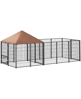 PawHut Dog Kennel Outside with Rotating & Adjustable Height Bowls