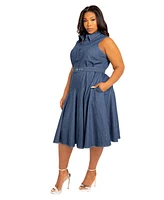 Buxom Couture Plus Sleeveless Denim Shirtdress with Contrasting Stitching
