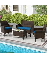 Gymax Set of 4 Furniture w/ Washable Cushions & Tempered Glass Coffee Table