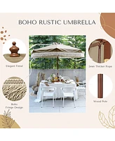 LAGarden Boho 7' Fringe Patio Umbrella with Tassels UPF50+ Boho Style 5-Year-Non-Fading for Outdoor Yard Market Mocha Meander