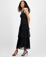 julia jordan Women's V-Neck Tiered-Ruffle-Trim Chiffon Dress