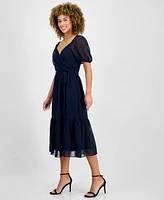 julia jordan Women's Puff-Sleeve Belted Midi Dress