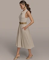 Donna Karan New York Women's Mixed-Media Belted Midi Dress