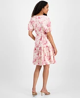 julia jordan Women's Printed Short-Bubble-Sleeve Tie-Waist Dress