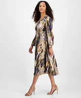 julia jordan Women's Printed V-Neck Long-Sleeve Midi Dress