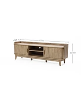LuxenHome Mid-Century Modern Tambour-Style 2-Door 63-Inch Wide Tv Stand with Tray Top, Oak