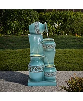 LuxenHome Light Blue 4-Tier Ornate Jugs 2.5-Feet Tall Outdoor Polyresin Fountain with Lights