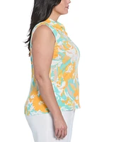 Rafaella Plus Floral Print Ribbed Sleeveless Polo T-Shirt
