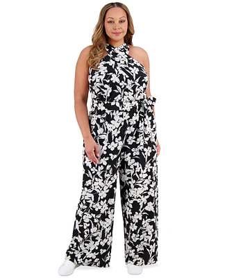 London Times Plus Crisscross Halter Belted Jumpsuit