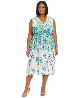 London Times Plus V-Neck Smocked-Waist Midi Dress