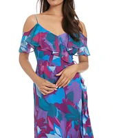 London Times Petite Printed Cold-Shoulder Ruffle Chiffon Dress