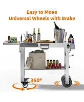 Cowsar Food Grade 304 Stainless Steel Outdoor Grill Table with 4 Swivel Casters, Portable Pizza Oven Table with Hooks, Folding Bbq Grill Cart for Rv/C