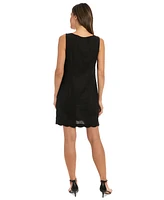 London Times Petite Square-Neck Scallop-Trim Shift Dress