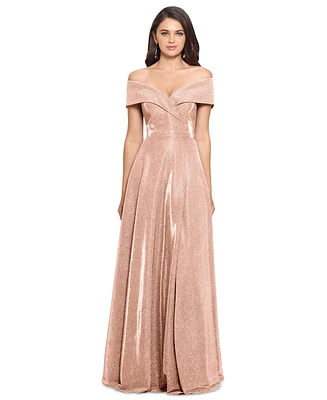 Xscape Petite Off-the-Shoulder Glitter Gown