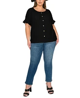 Coin 1804 Plus Eyelet Jersey Button Front Ruffle Sleeve Peasant Top