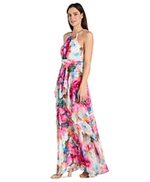 R & M Richards Women's Floral Chiffon Ruffle-Skirt Halter Dress