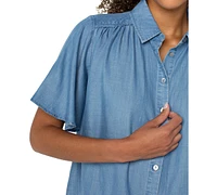 Liverpool Los Angeles Women's Shirred-Shoulder Relaxed Chambray Shirt