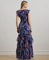 Lauren Ralph Women's Print Ruffle-Trim Crinkle Georgette Gown