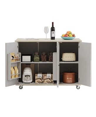 Handwoven Coastal Kitchen Island with Drop Leaf, Solid Wood Cabinet