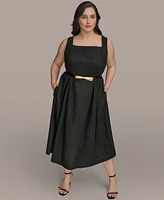 Donna Karan New York Plus Square-Neck Belted Midi Dress