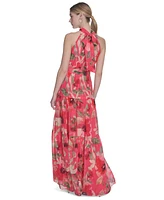 Eliza J Women's Printed Sleeveless Tie-Waist Chiffon Gown