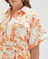 Ella Rafaella Plus Floral Print Utility Short Sleeve Shirt Dress