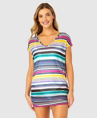 Anne Cole Women's Barcode Stripe Mesh T-Shirt Swim Cover-Up