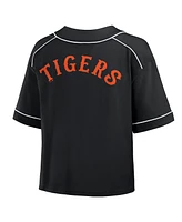 Fanatics Women's Black Detroit Tigers Oversized Champ Game Midi Cropped V-Neck T-Shirt