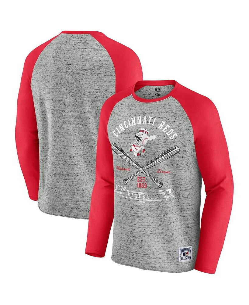 Fanatics Men's Heather Gray Cincinnati Reds Raw Edge Raglan Long Sleeve Baseball T-Shirt
