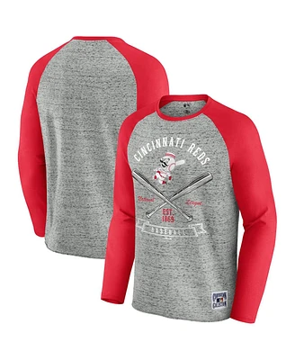 Fanatics Men's Heather Gray Cincinnati Reds Raw Edge Raglan Long Sleeve Baseball T-Shirt
