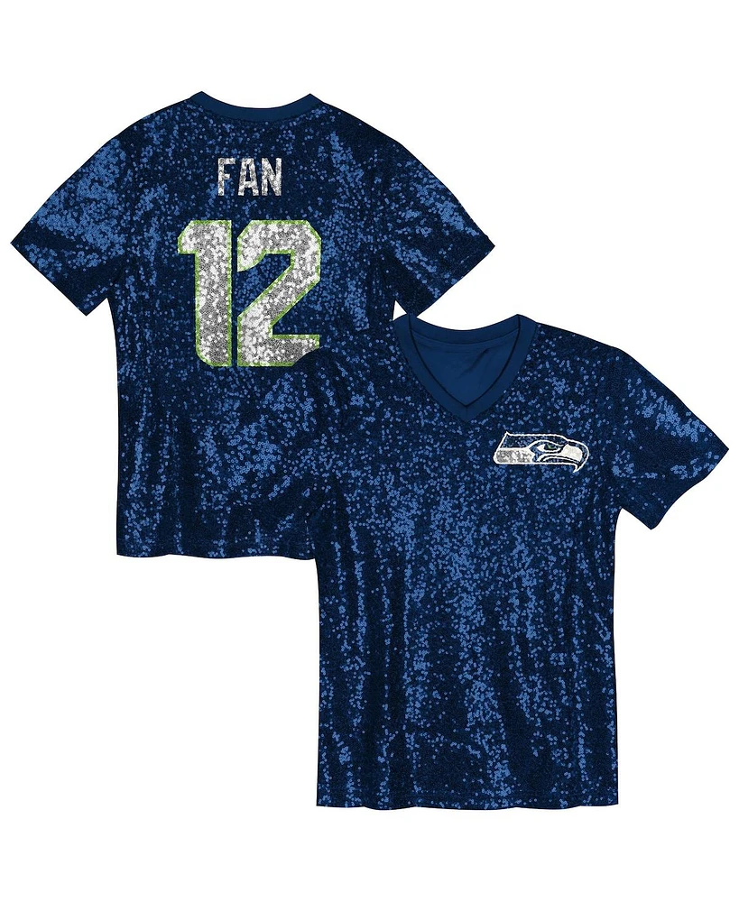 Outerstuff Big Girls 12 Fan College Navy Seattle Seahawks Sequin V-neck Fashion Jersey