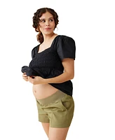 Ingrid + Isabel Maternity Gwen Smocked Woven Top Olive Navy Abstract M
