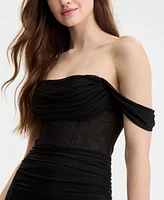 City Studios Juniors' Off-The-Shoulder Corset Mesh Dress