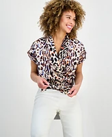 Tahari Asl Women's Printed Short-Sleeve Faux-Wrap Top