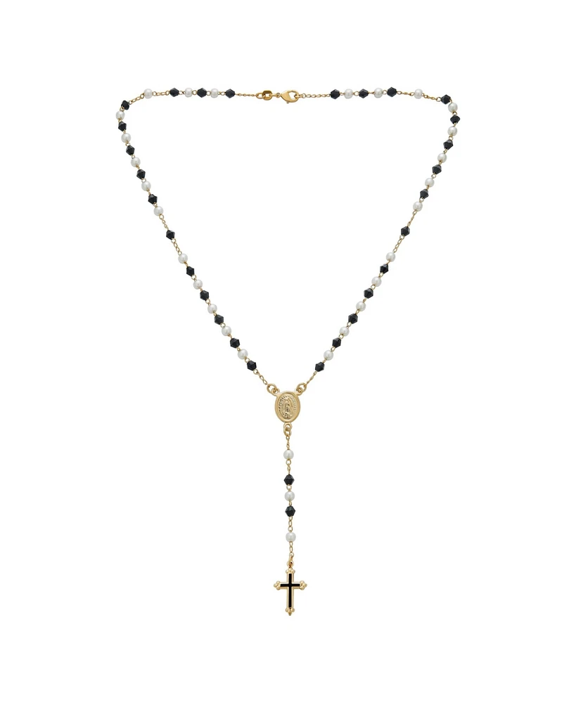 Bling Jewelry Dainty Black & White Pearl Virgin Mary Rosary Necklace with Cross Gold Plated