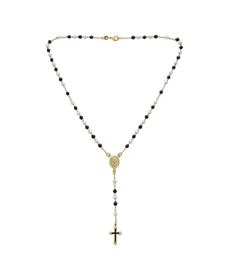 Bling Jewelry Dainty Black & White Pearl Virgin Mary Rosary Necklace with Cross Gold Plated