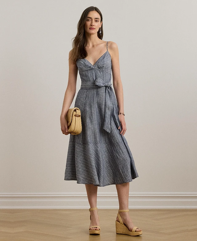 Lauren Ralph Women's Striped Belted Linen Sleeveless Dress | MainPlace Mall Lauren Ralph Women's Striped Belted Linen Sleeveless Dress | MainPlace Mall