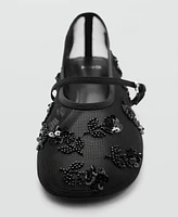 Mango Women's Strap Buckle Embroidered Ballerinas Shoes