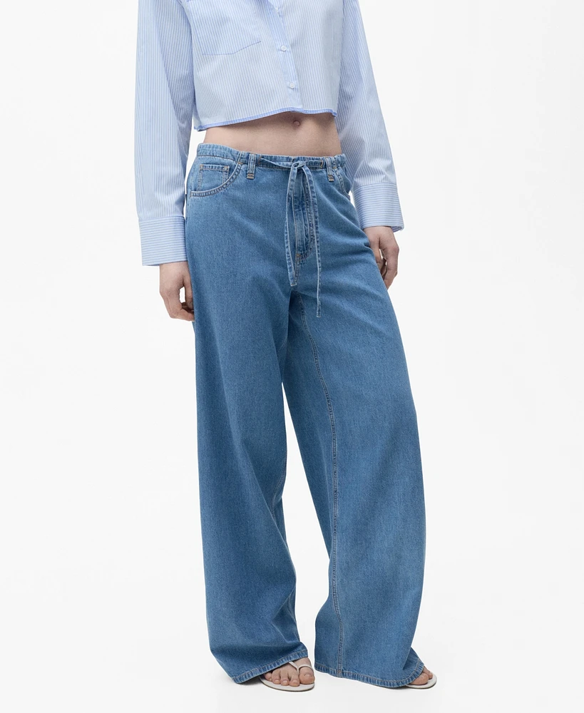 Mango Women's Belted Wide Leg Denim Pants